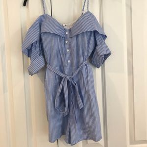 Blue and White Striped Off the Shoulder Romper